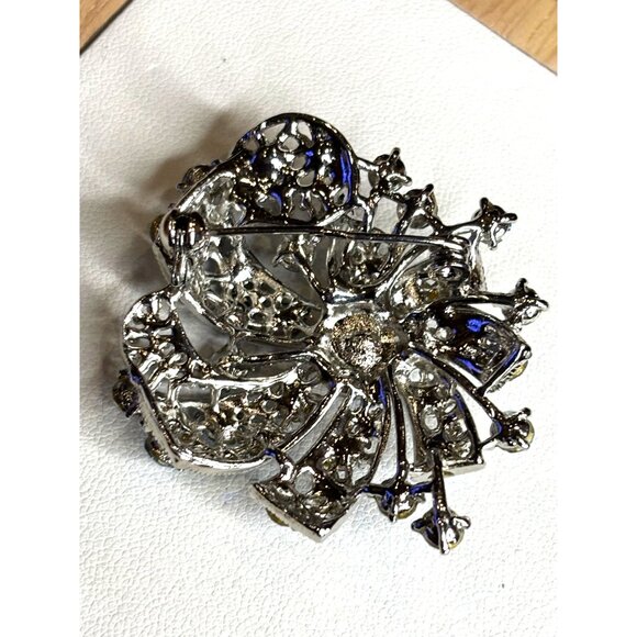 Vintage Silver-Tone Rhinestone Floral Brooch With Blue & Iridescent Stones Appro - Picture 2 of 6